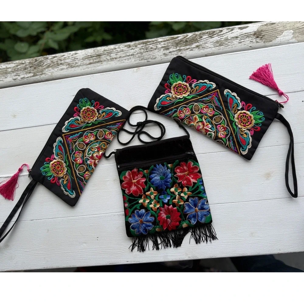Lot of 3 Mexican Style Embroidered Bags Wristlets Crossbody Boho
