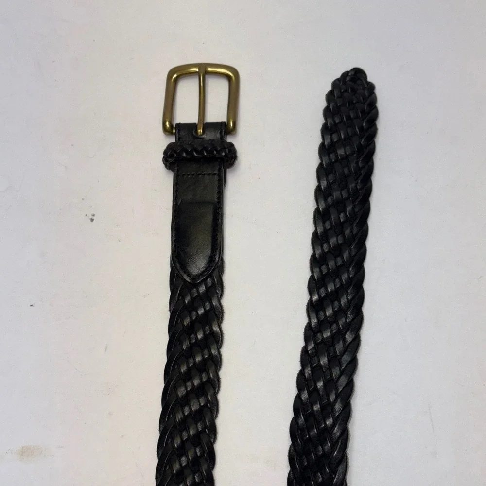 Lands End Braided Belt Mens 36 Black Leather Woven Brass Buckle 73991