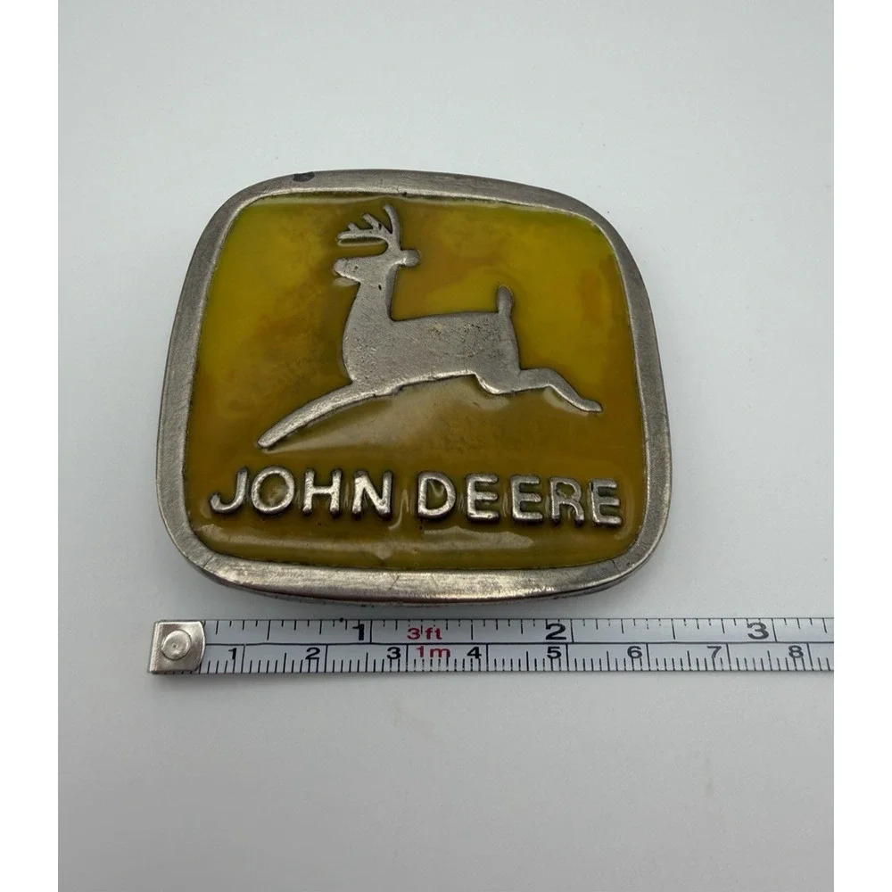 John Deere Vintage Yellow Enamel Belt Buckle Classic Leaping Deer Logo