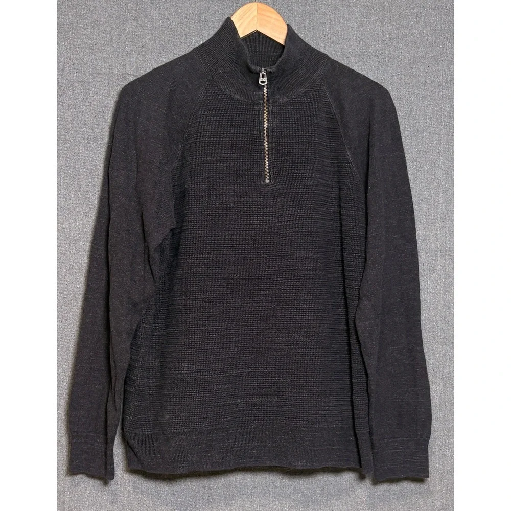 J. Crew Mens Quarter Zip Pullover Sweater Charcoal Gray Cotton Waffle Knit Large