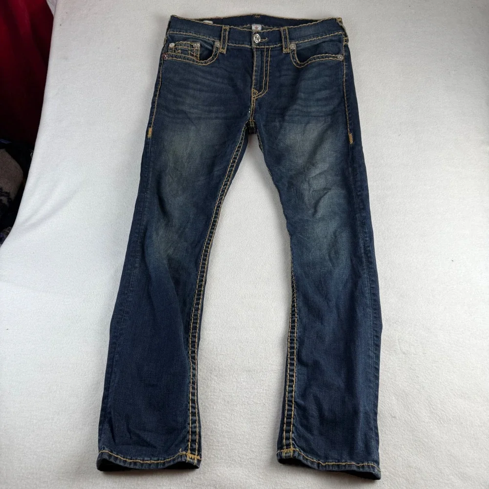 True Religion Rocco Relaxed‎ Skinny Jeans Dark Wash Gold Super T Stitch Mens 36