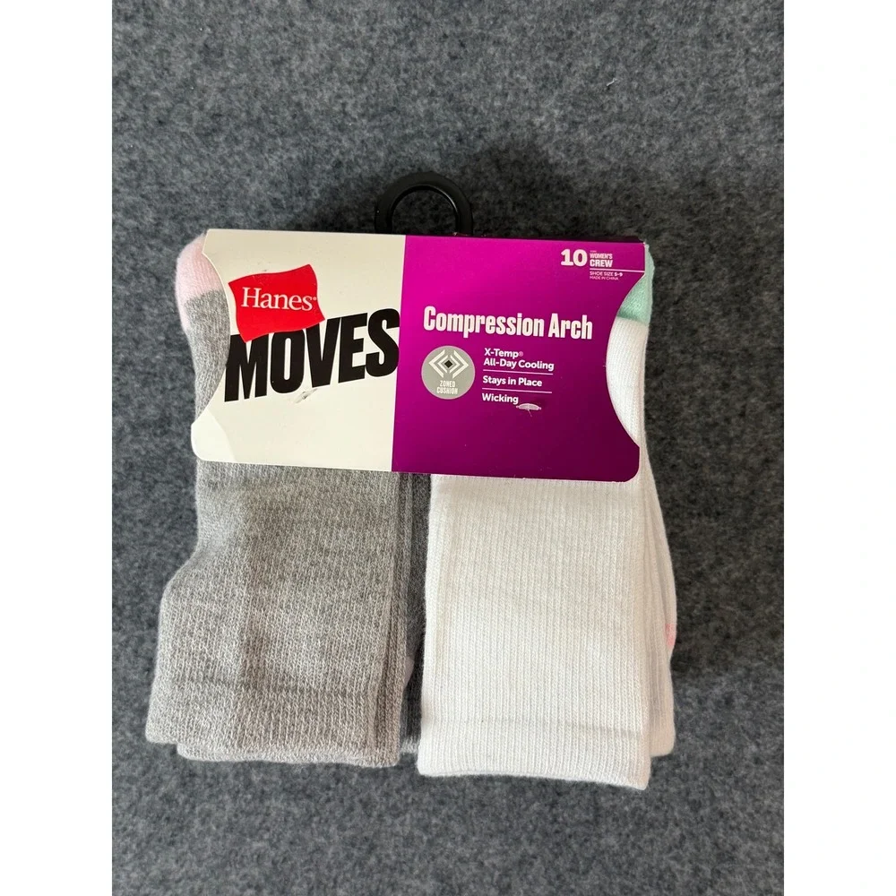 Hanes‎ Moves Crew Socks Women 10 Pack Multicolor NWT Compression Arch X-Temp
