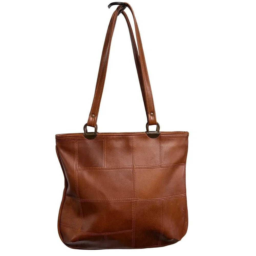 Vintage Patchwork Vegan Leather‎ Tote Purse Bag Tan Retro Minimalist Boho