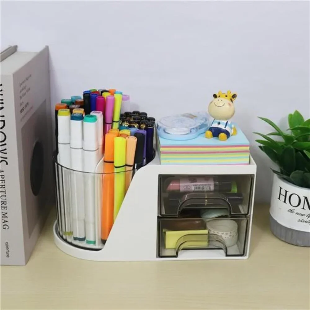 Desk Organizer with Rotating Pen Holder: White Caddy with 2 Drawers‎ for School
