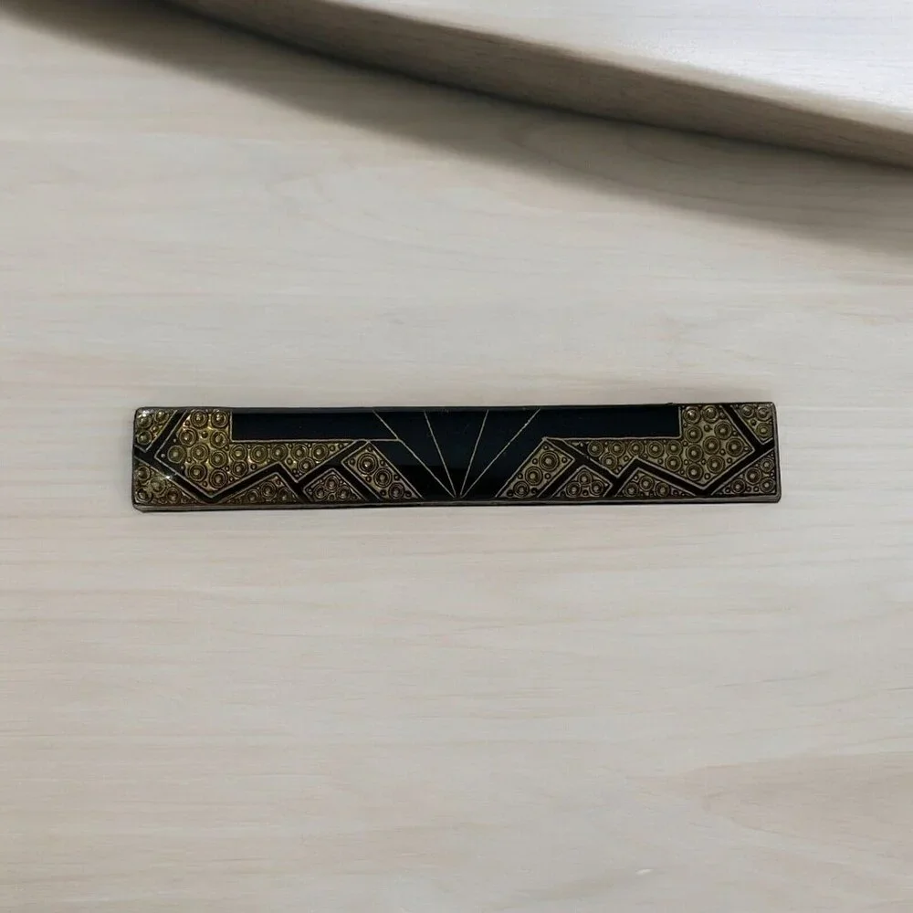 VTG Art‎ Deco Geometric Black Gold Tone Enamel Bar Pin Brooch