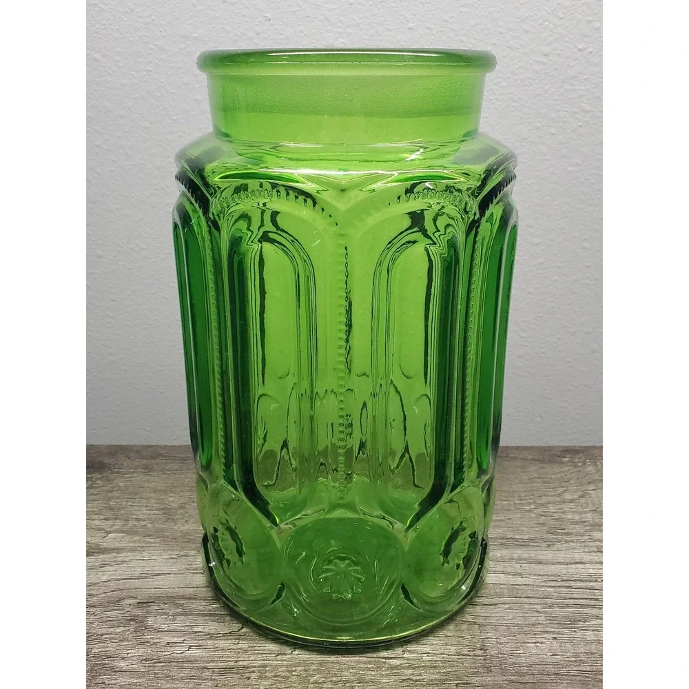 L.E. Smith Moon & Stars Green Glass Apothecary Canister 9.5 Large Jar NO LID EUC