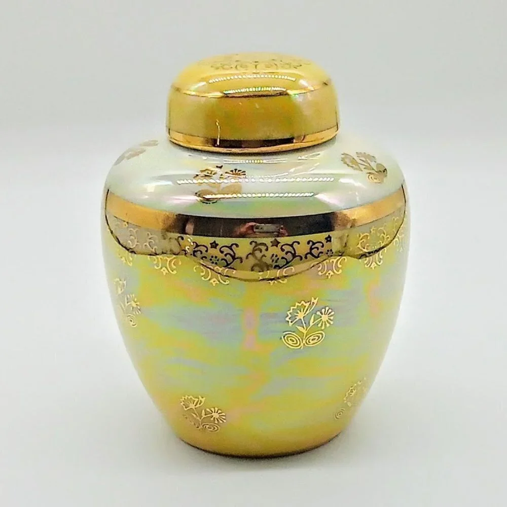 Yellow Iridescent Covered Gold Accented Porcelain Ginger Jar