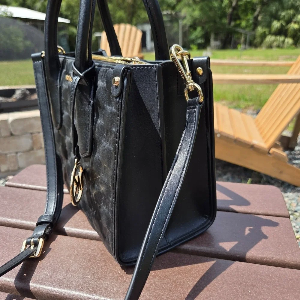 Michael Kors Black Embossed Leather Gold Logo Handbag Purse Maple Satchel‎