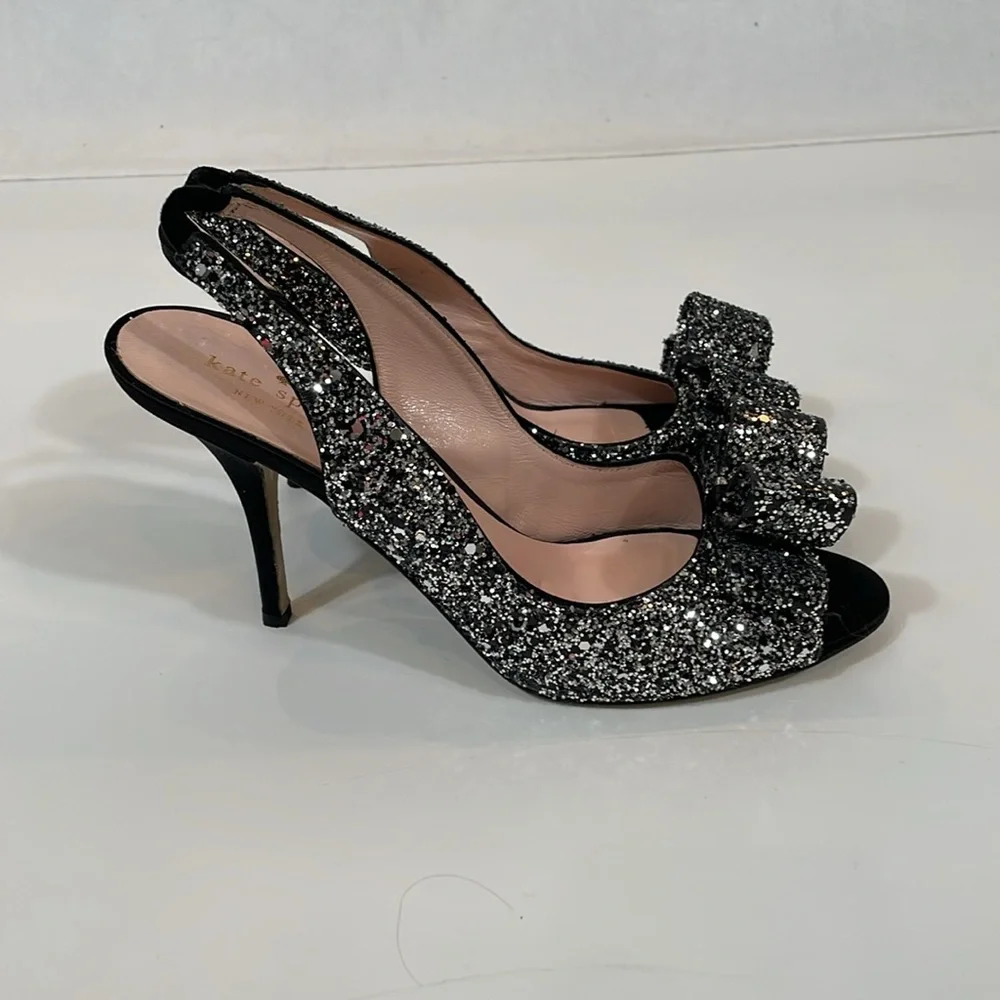 Kate Spade Glitter New York Heels Sandal Size 9.5 Black Silver Bow EUC