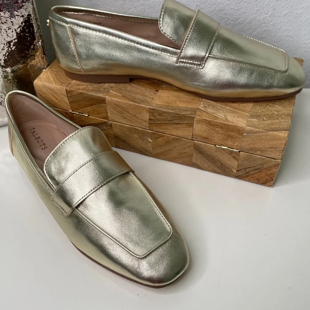 Talbots Audrey Metallic Gold Nappa Square Toe Loafer Flats Size 9M‎