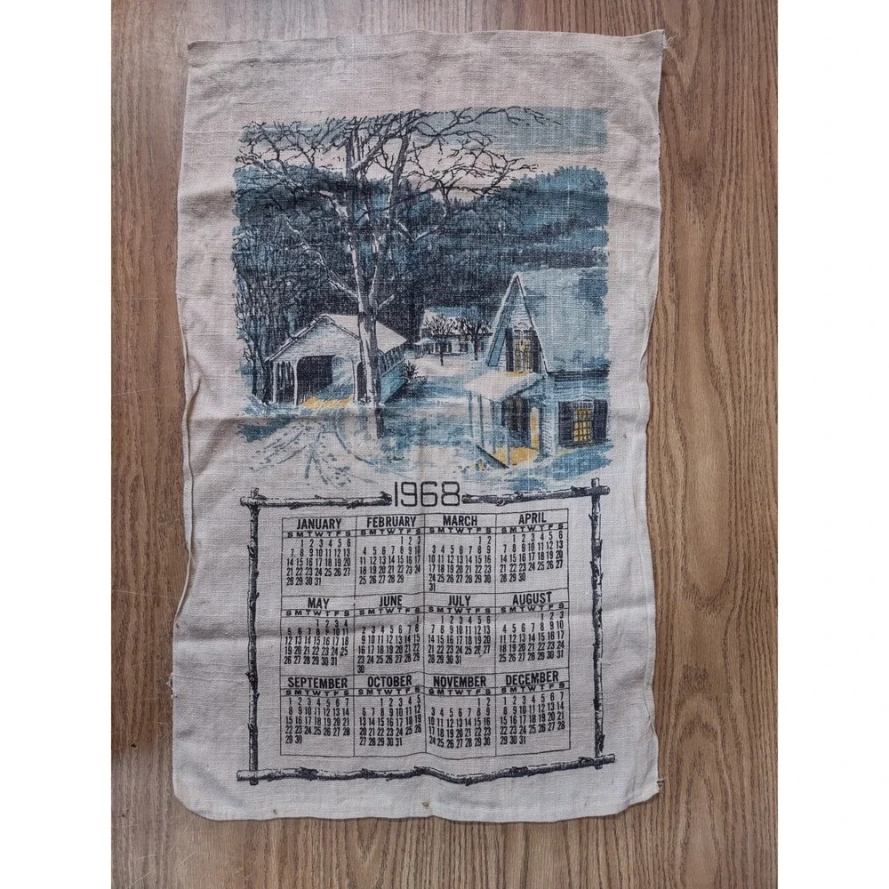 Vintage 1968 Linen Calendar Tea Towel Winter Covered Bridge Snowy Scene Decor