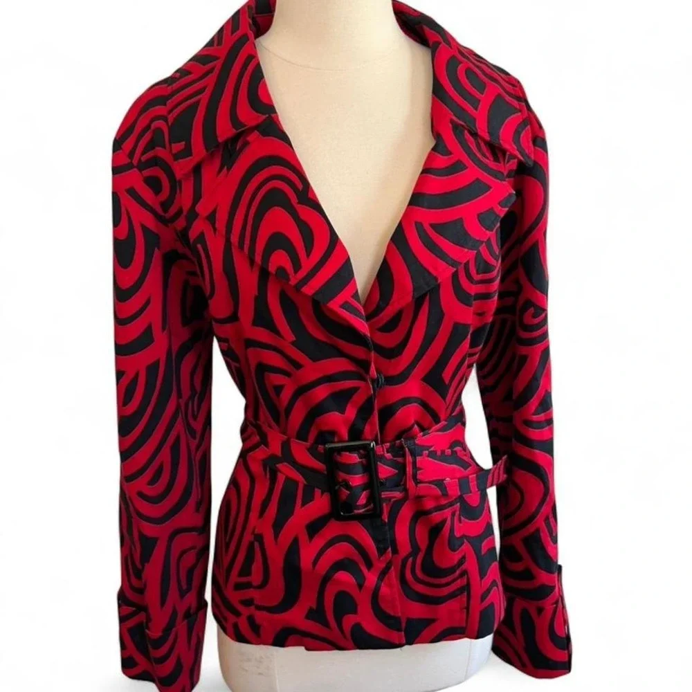 Donna Moore Red Black‎ Swirl Print Belted Blazer Jacket Large Psychedelic Mod