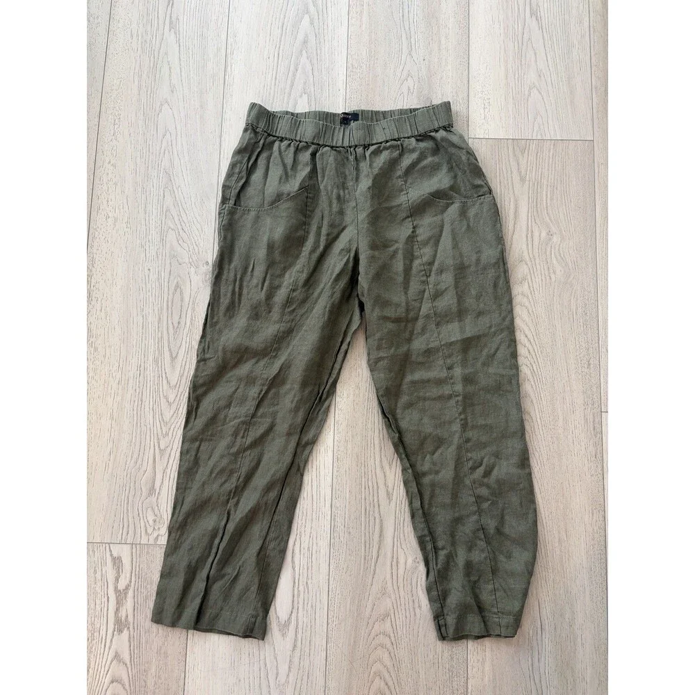 Quince European Linen Pants Large Wide Leg Elastic Waist Bayberry Olive