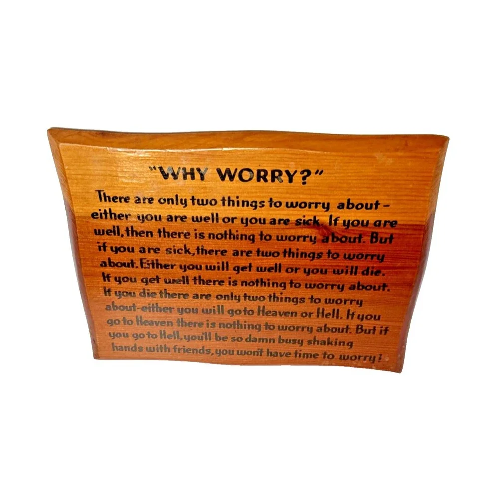 Vintage “Why Worry” Giant Redwood Wood Plaque Wall Art Knott's Berry Farms