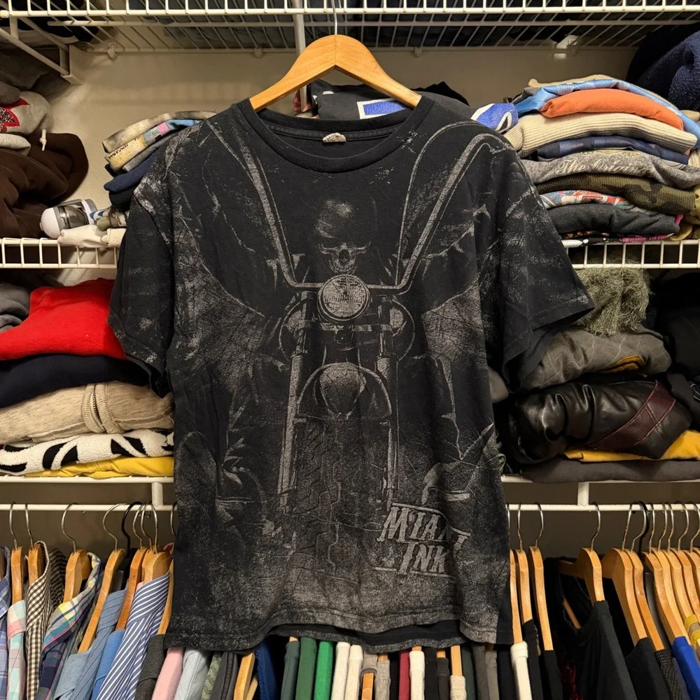 Y2K Miami Ink T Shirt Mens Large Black Skull Motorcycle Graphic All Over Print‎