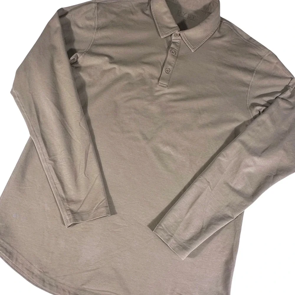 BYLT Long Sleeve Polo Men Large Fawn Lux Cotton Blend Curved Hem Stretch
