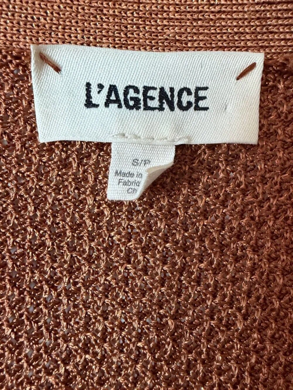 L'Agence Metallic Open Front Long Cardigan Sweater Rust Brown Size Small