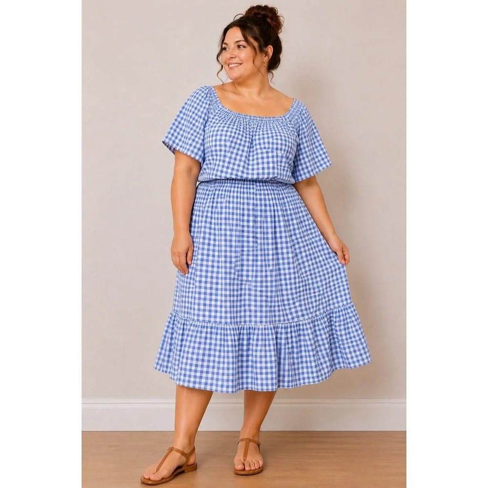 Blue Gingham 2x Vintage Two Piece Set Off‎ Shoulder Top and Ruffle Midi Skirt