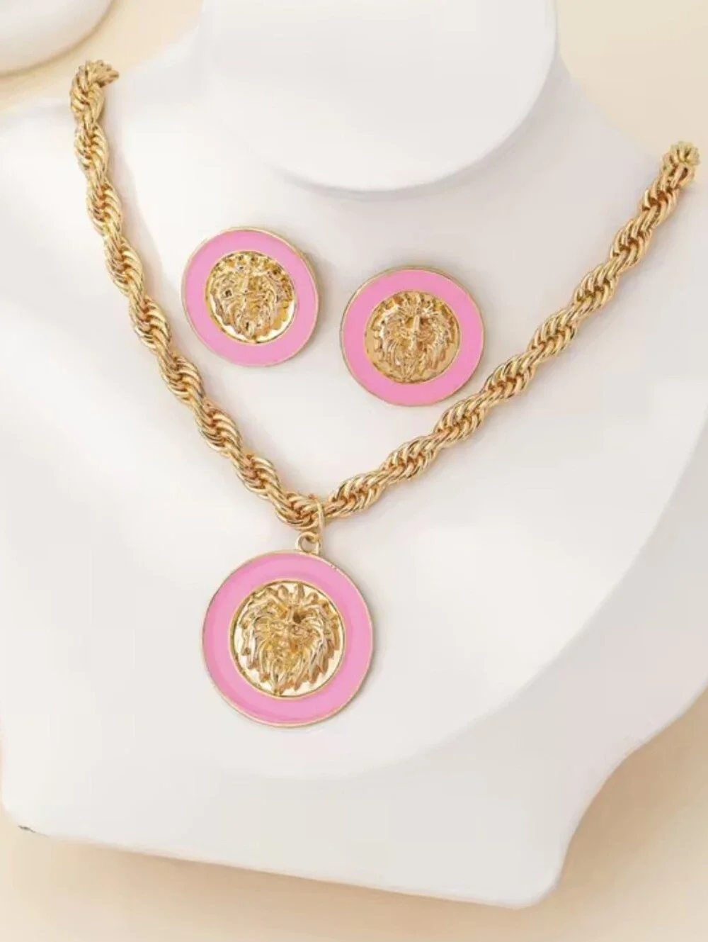 Gold & Pink Lion Earrings & Necklace