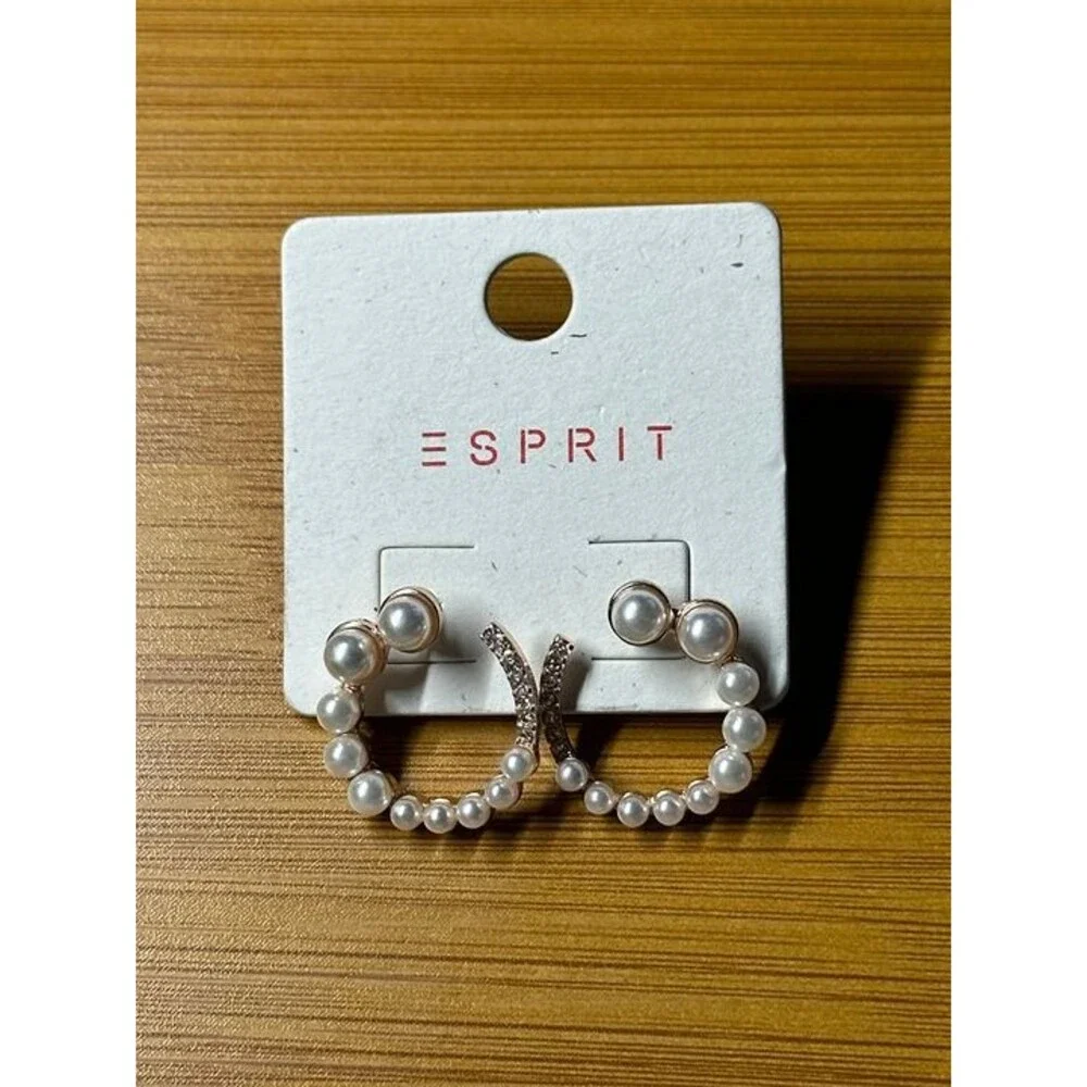 ESPRIT Gold Tone Pearl Rhinestone Hoop Earrings Crescent Style Boho New Pair