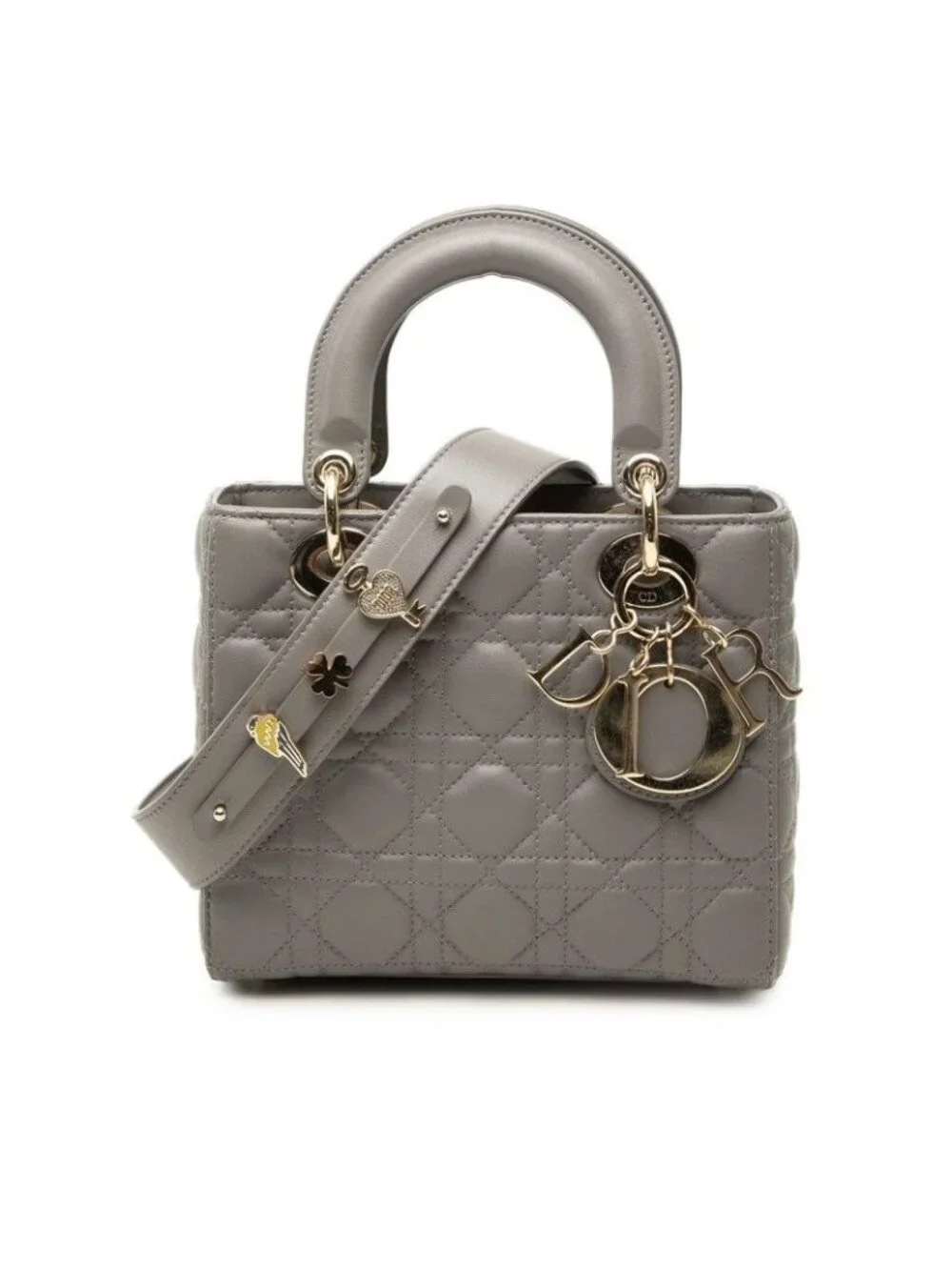 Dior Cannage Lady Dior 2-Way Shoulder Bag Gray Leather