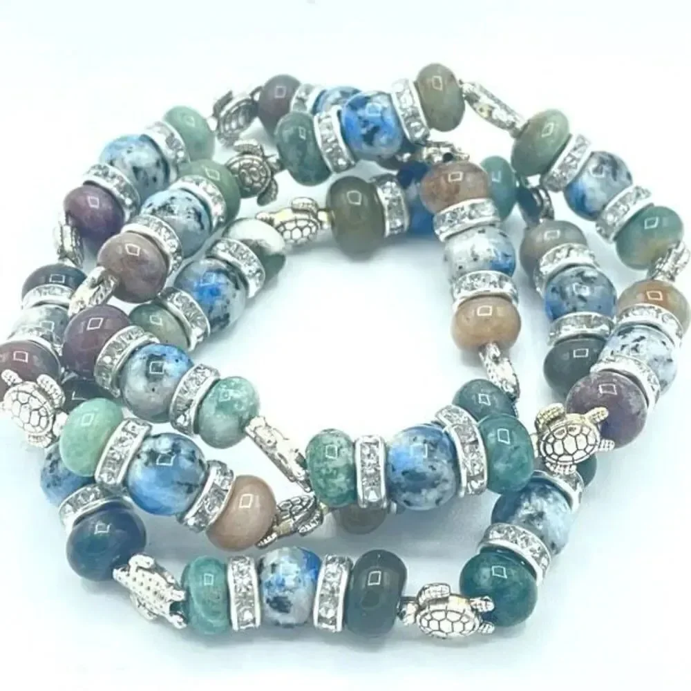 Sea Turtle India agate K2 beaded stretch bracelet ONE NEW crystal reiki yoga med