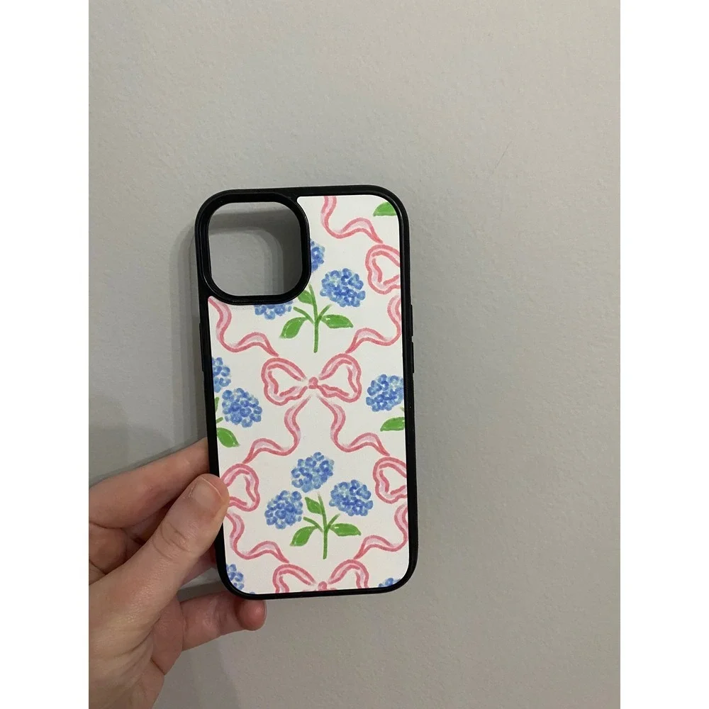 iPhone 15 Case Unisex One Size White Pink Blue Hydrangea Bow Floral Coquette‎