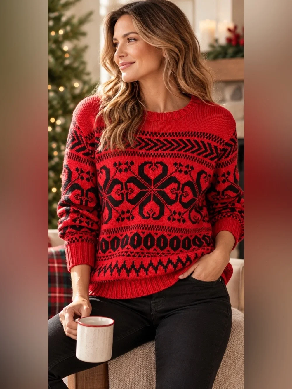 Lauren Ralph Lauren XL Red Black Fair Isle Sweater Wool Blend Holiday Nordic Pul