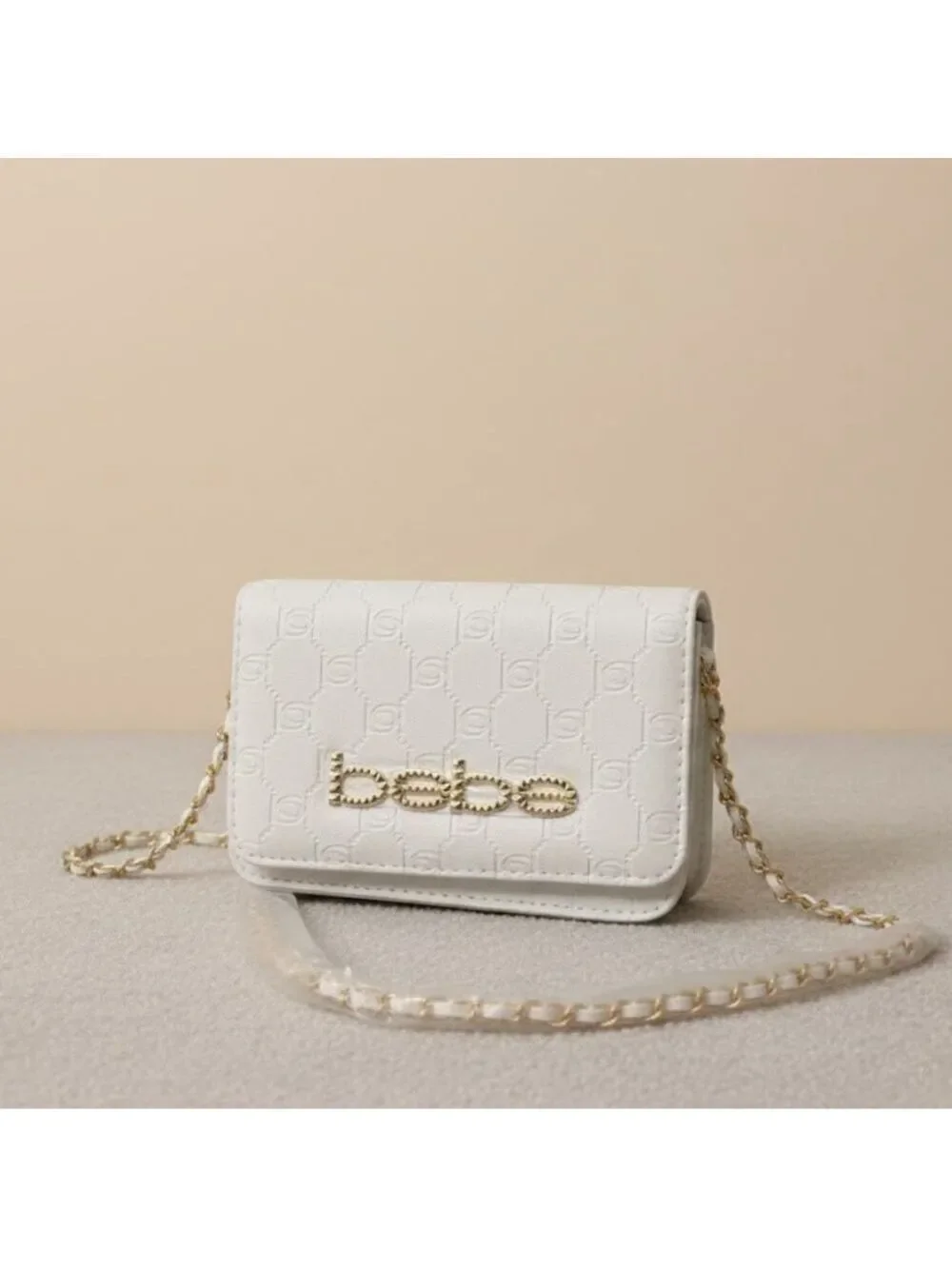 NWT Bebe Celia Monogram Flap Crossbody Bag White Gold Chain Small Purse