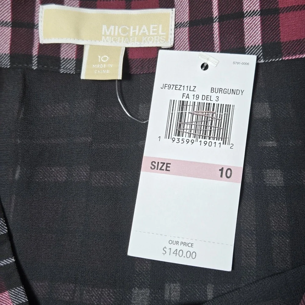 NWT Michael Michael Kors Long Pleated Plaid Skirt‎ Burgundy Size 10 MSRP $140