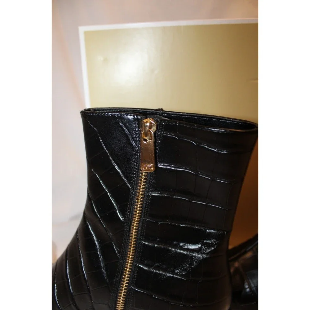 Michael Kors $175 Cosmo Croc-Embossed Bootie Kitten Heels Boots Black NIB 7