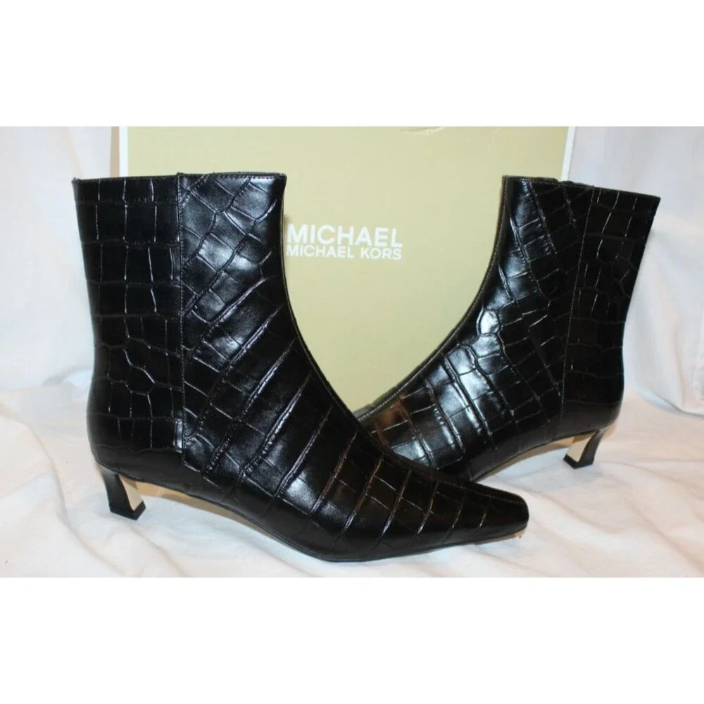 Michael Kors $175 Cosmo Croc-Embossed Bootie Kitten Heels Boots Black NIB 8
