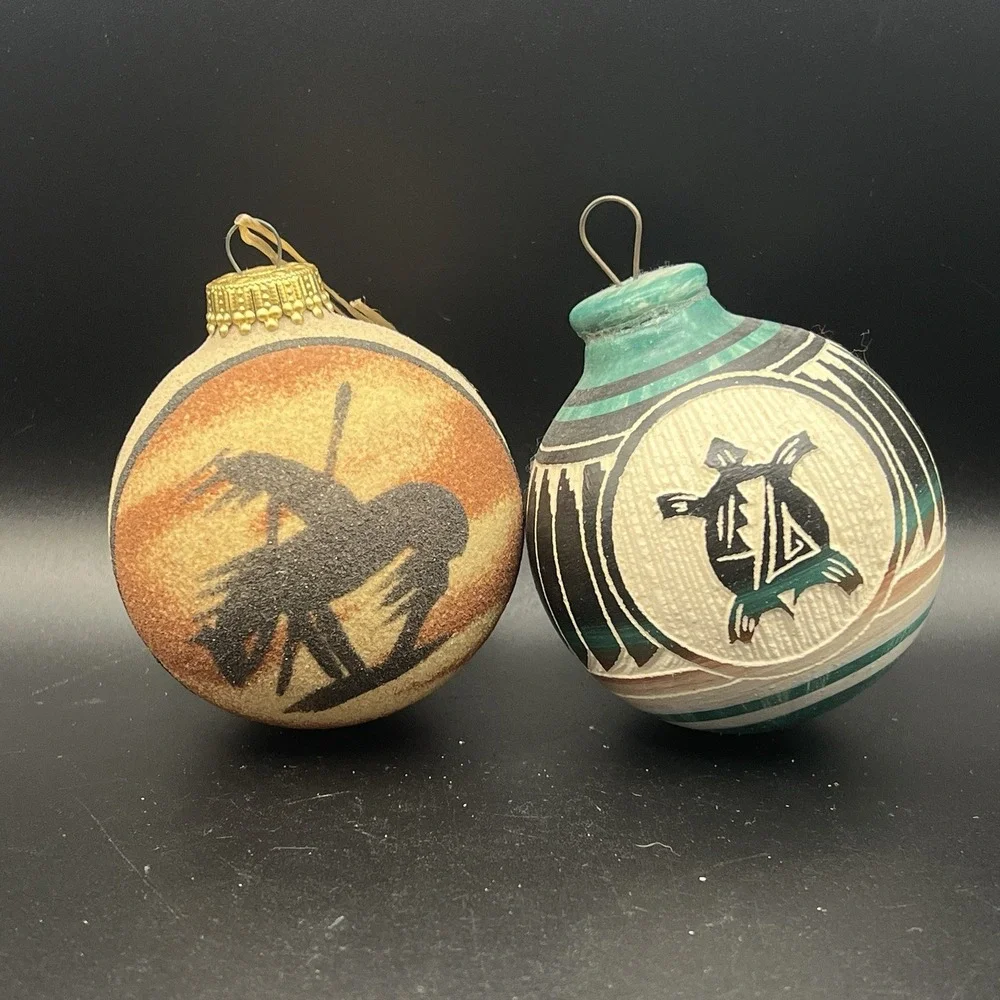 Native American Ornaments 1 Glass Textured 1 Etched Turtle Wood Signed Set‎ of 2