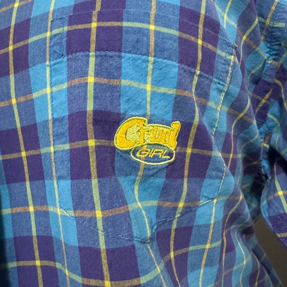 Cruel Girl Womens XL Blue Yellow Plaid‎ Western Button Down Cotton Shirt Logo
