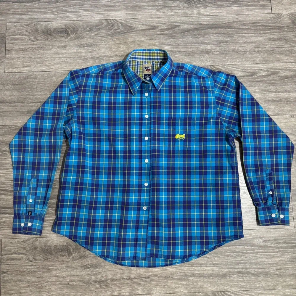 Cruel Girl Womens XL Blue Yellow Plaid‎ Western Button Down Cotton Shirt Logo